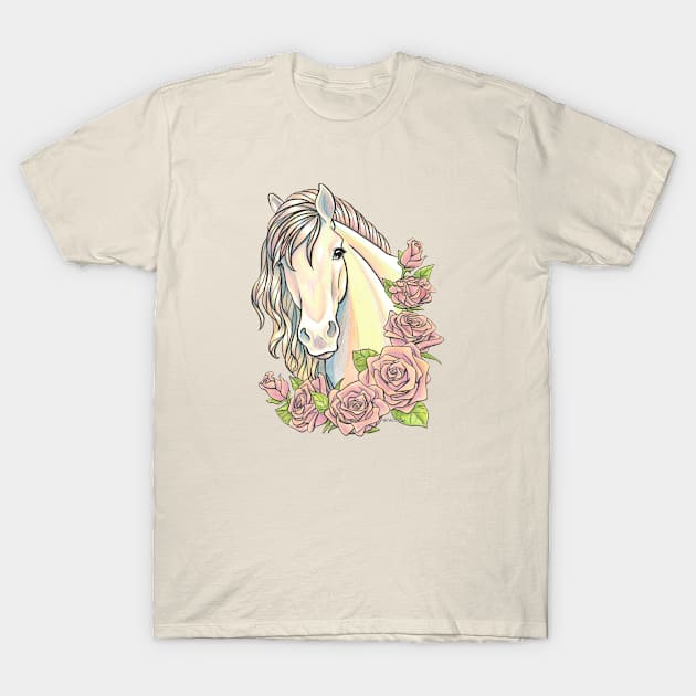 Pearl Horse with Pink Roses T-Shirt by lizstaley